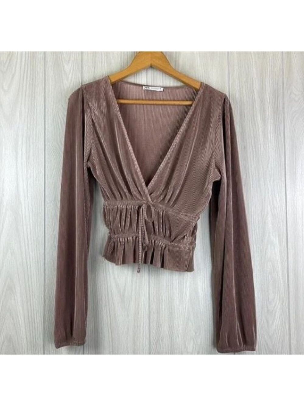 Zara Mocha Shimmery Plunge Neck Ruffle Hem Tie Front Balloon Sleeve Blouse. - Picture 3 of 16